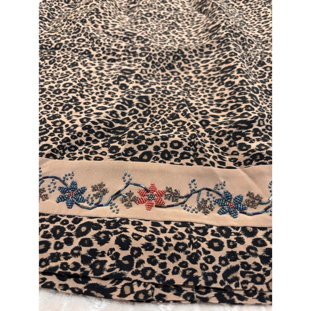 Vintage 90s Silk Club Skirt 14 Leopard Print Beaded Floral Boho Luxury Career - Picture 4 of 13